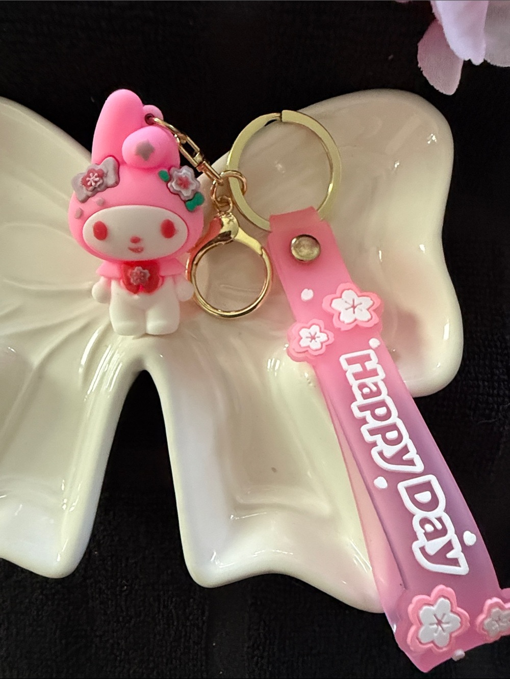 Sanrio My Melody Pink Floral Keychain with Gold Ring